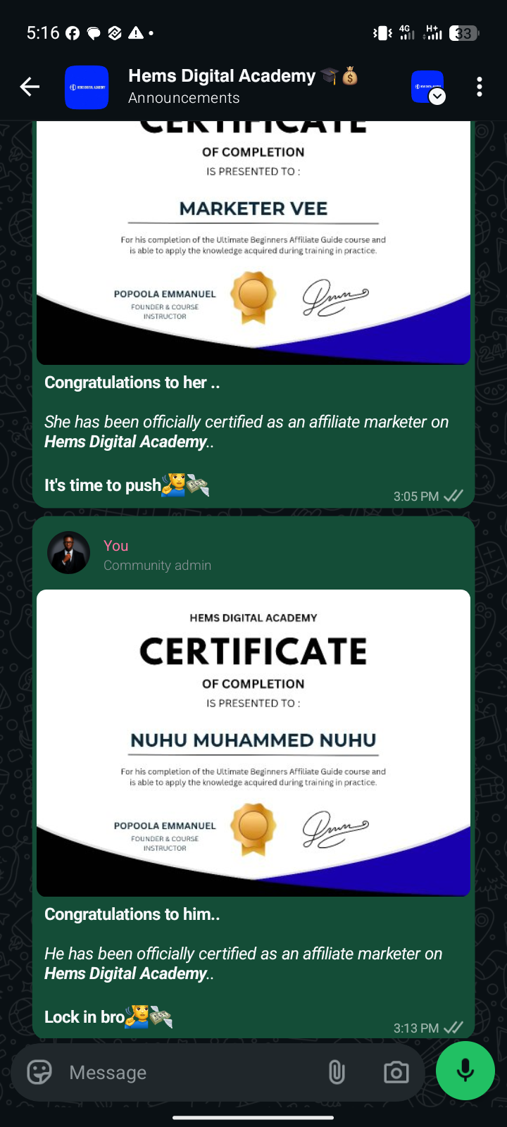 Hems Digital Academy certificate of completion for the Ultimate Beginners Affiliate Guide course