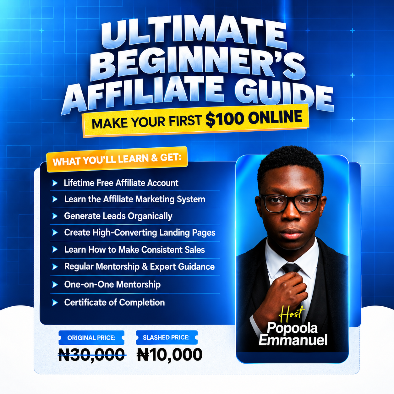 Ultimate Beginner's Affiliate Guide flyer featuring host Popoola Emmanuel