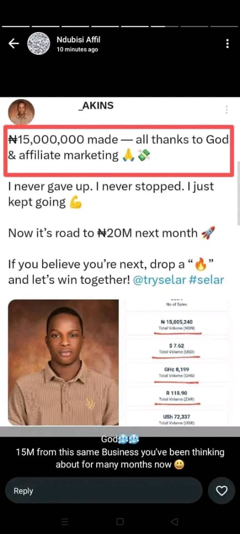 Student testimonial screenshot: Affiliate testimonial shared on social media about consistent results