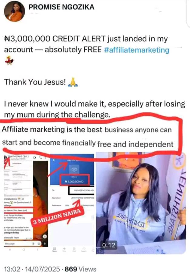 Affiliate testimonial screenshot: credit alert message thanking Hems Digital Academy training