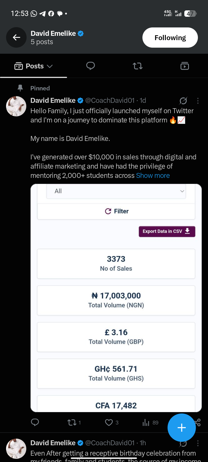 Student testimonial screenshot: Social media post about affiliate marketing sales volume