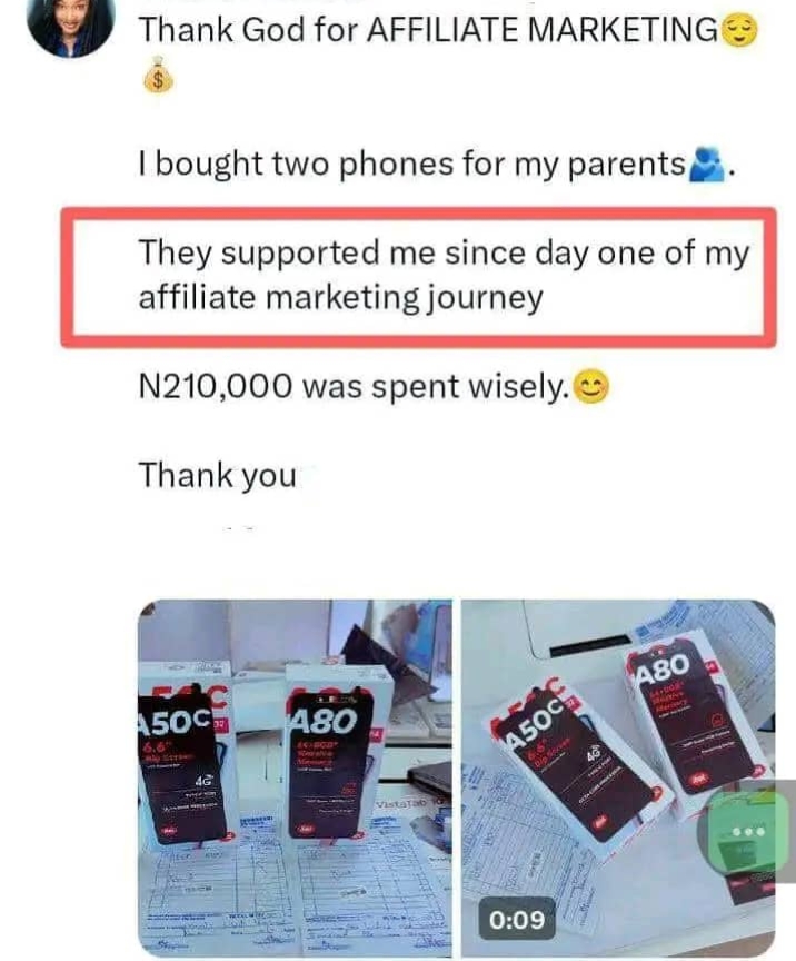 Student testimonial screenshot: Spending affiliate marketing earnings on gifts for parents