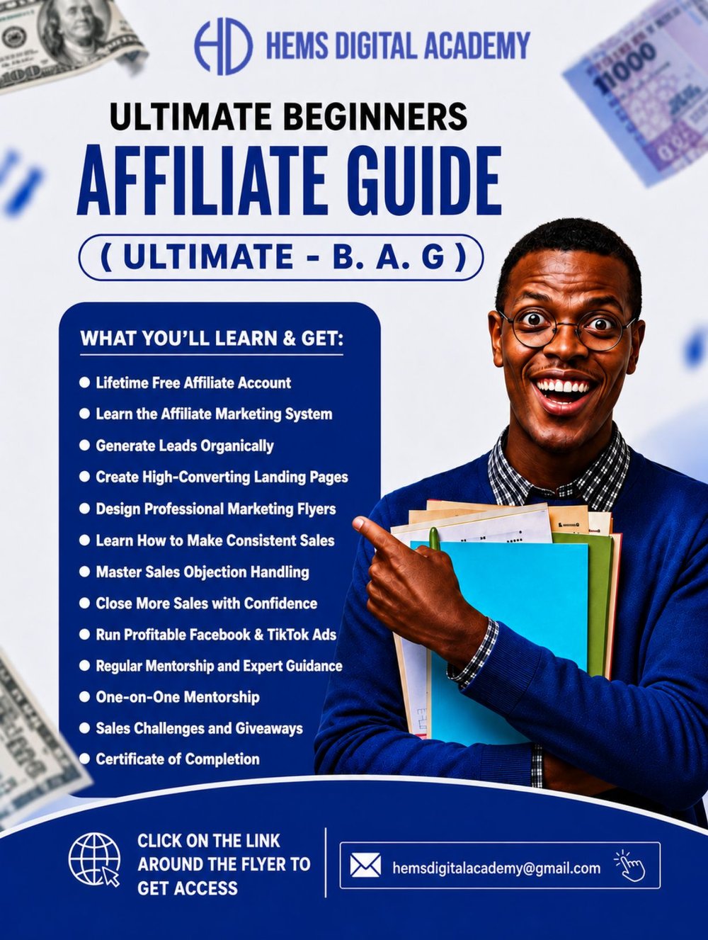 Ultimate Beginners Affiliate Guide course flyer — full curriculum and contact details